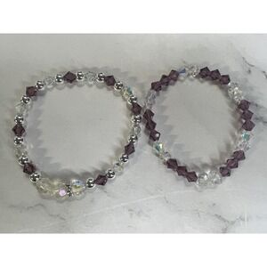 handmade beaded bracelet set‎ purple and silver tone